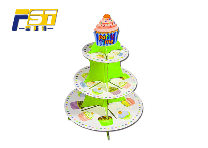 Luxury Fancy Cardboard Cake Display , Round Shape Three Tier Cardboard Cake Stand