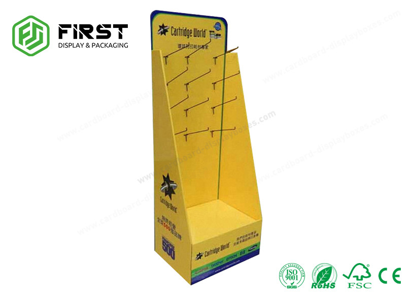 Logo Printed Customized Recyclable Corrugated Carton Floor Display Stand With Plastic Hooks