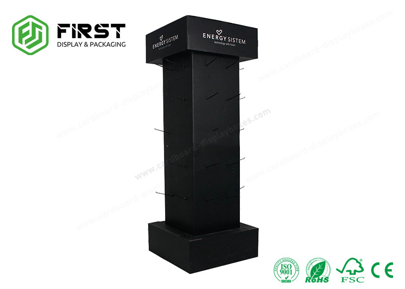Full Color Printing POS Flat Packing Cardboard Floor Display Stand With Hooks