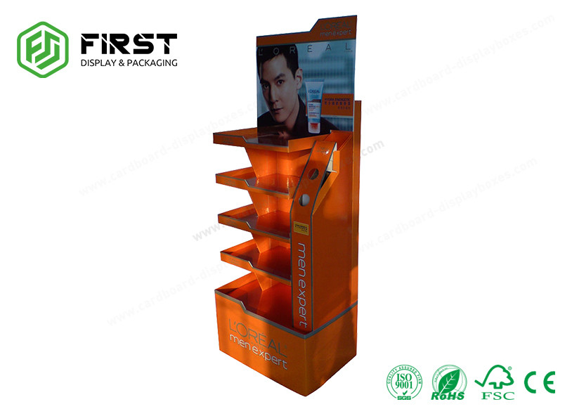 Customized CMYK Offset Printing Corrugated POP Floor Cardboard Display Stands For Cosmetic
