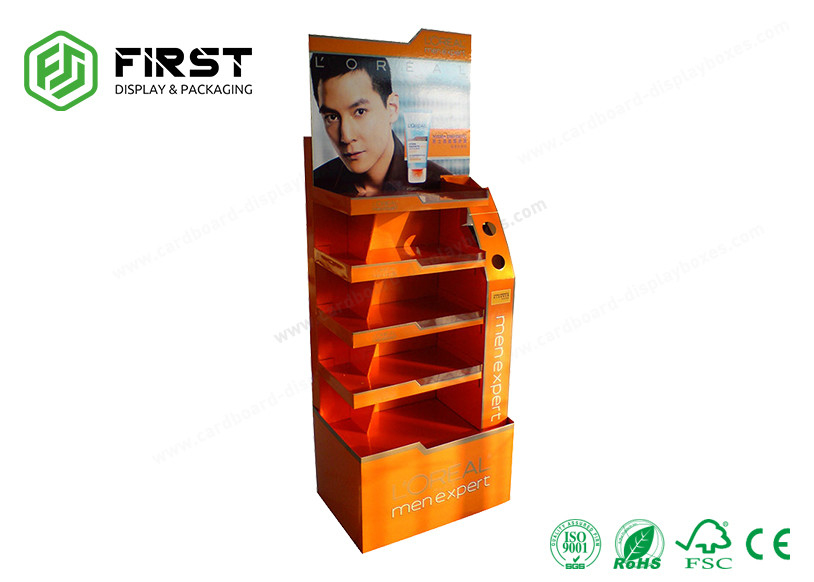 Customized CMYK Offset Printing Corrugated POP Floor Cardboard Display Stands For Cosmetic