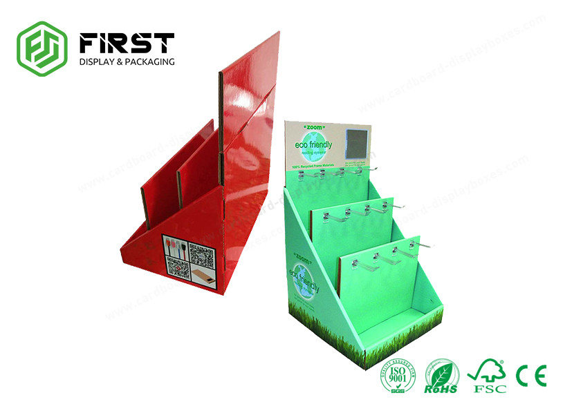 Customized Color Print Advertising Portable Corrugated PDQ Cardboard Counter Display With Hooks